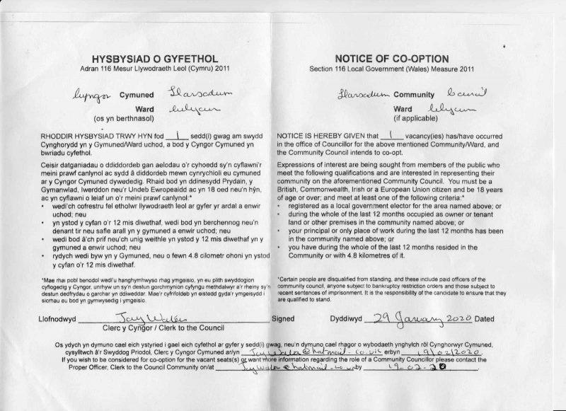 Notice of cooption for Llansadwrn Community Council
